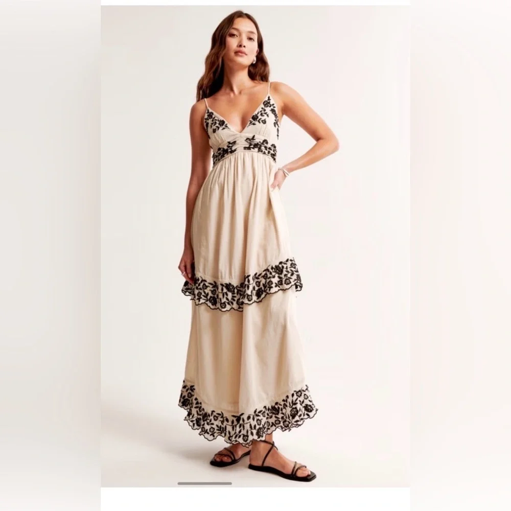 Abercrombie & Fitch Beige Black Embroidered Tiered Ruffle Maxi Dress NWT Size L